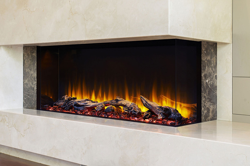 Modern fireplace in a modern marble wall set up