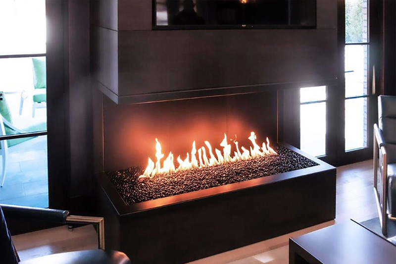 A fireplace installation with a modern, sleek aesthetic