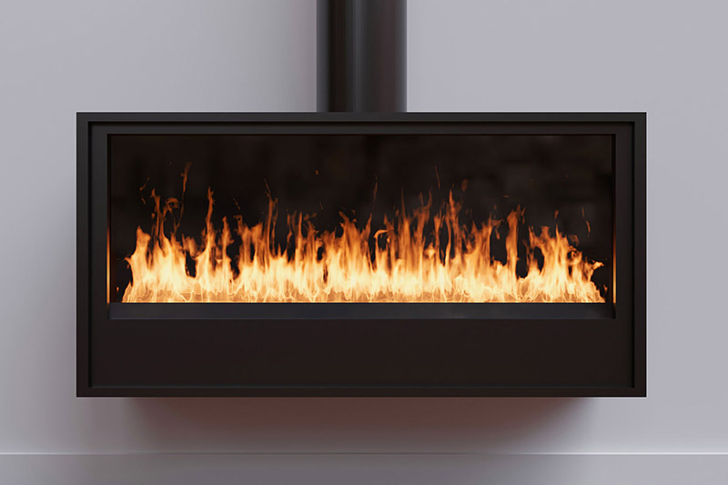 Sleek, modern rectangular hanging fireplace with an active flame