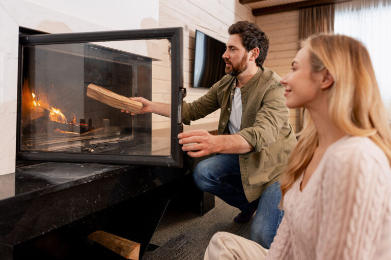nside a cozy room, a man with dark, curly hair and a beard places a log into a lit fireplace.