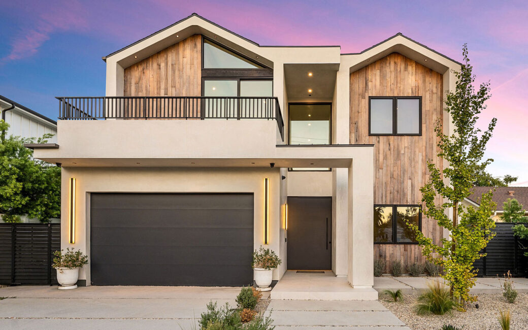 Modern house with garage and wooden facade