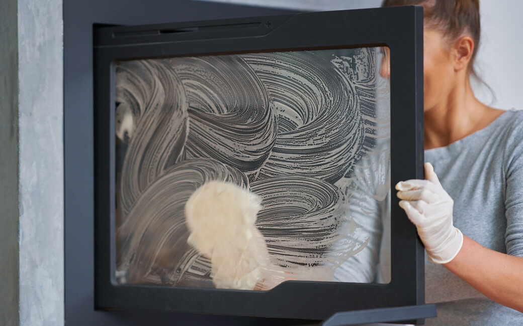 Picture of young woman cleaning fireplace glass doors. High quality photo