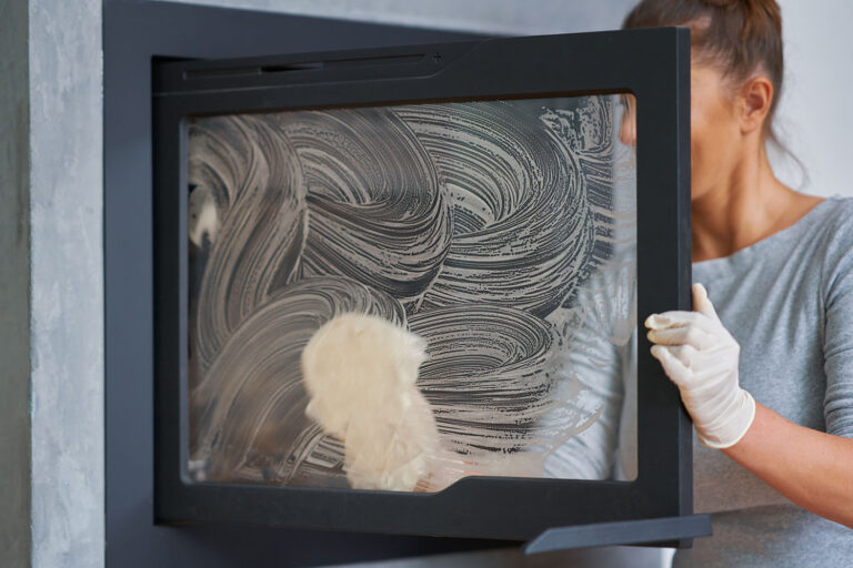 Picture of young woman cleaning fireplace glass doors. High quality photo